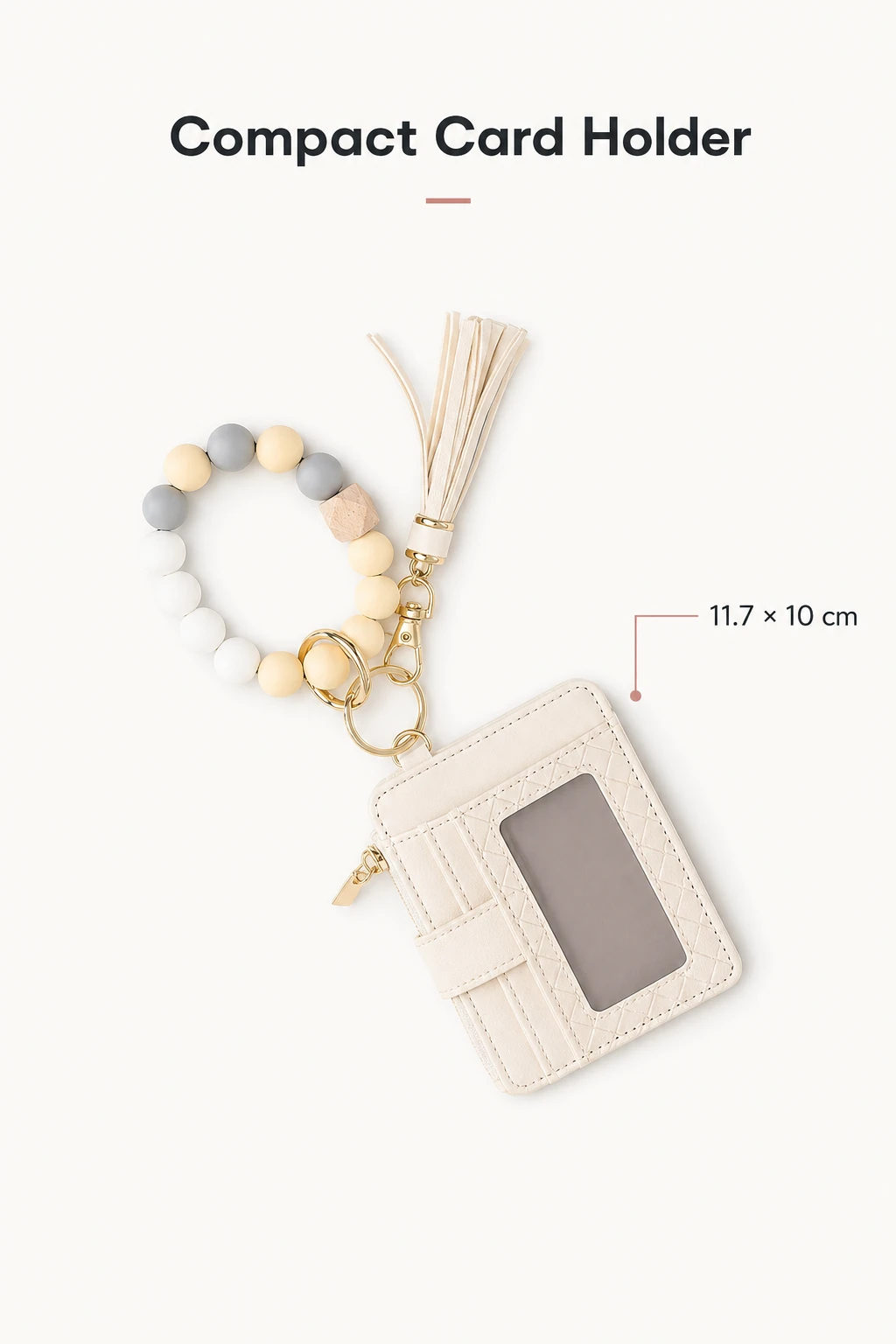 Cream card holder with a 11.7 × 10 cm size label and attached loop