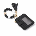 Black card holder with white-and-black bead loop and black tassel
