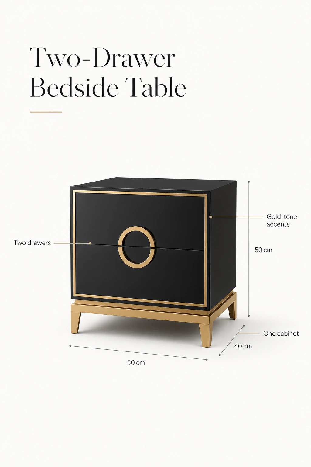 Mueble con etiquetas de los dos cajones y detalles dorados