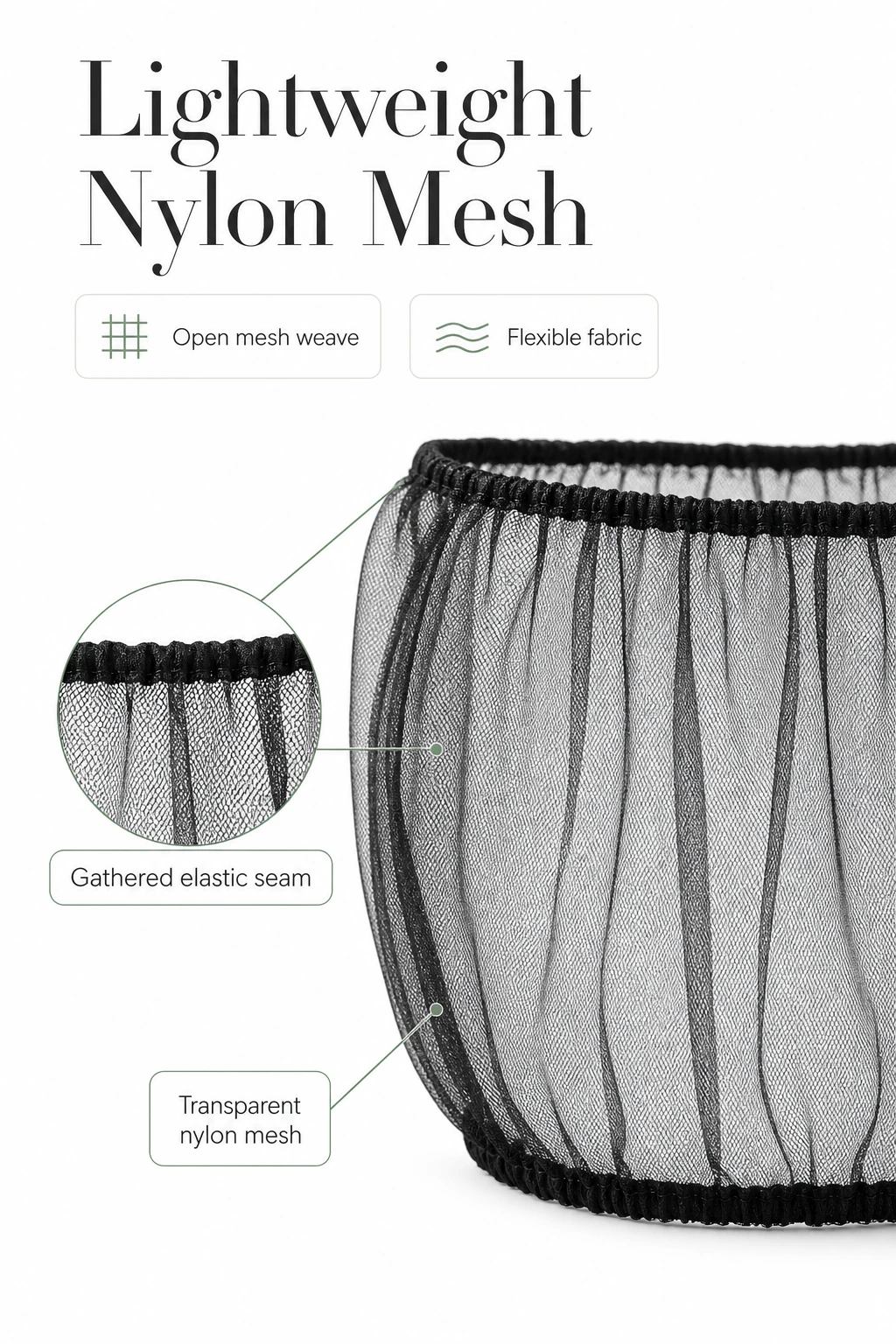 Gros plan du filet de nylon et de la couture élastique froncée