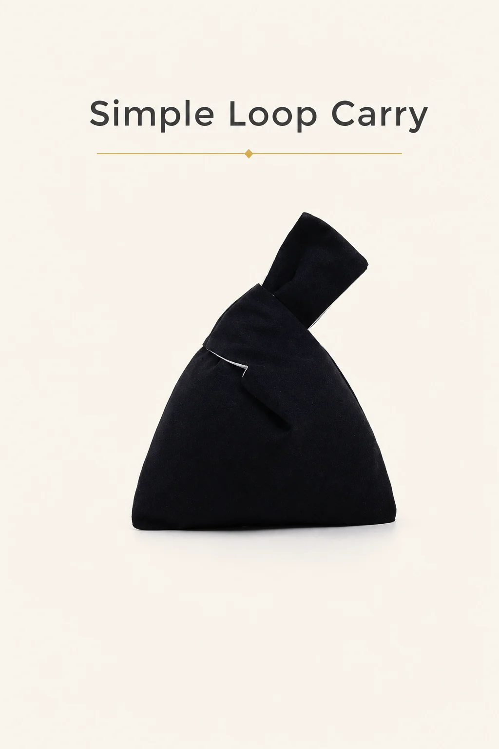 Black knot bag showing shorter handle passed through longer loop