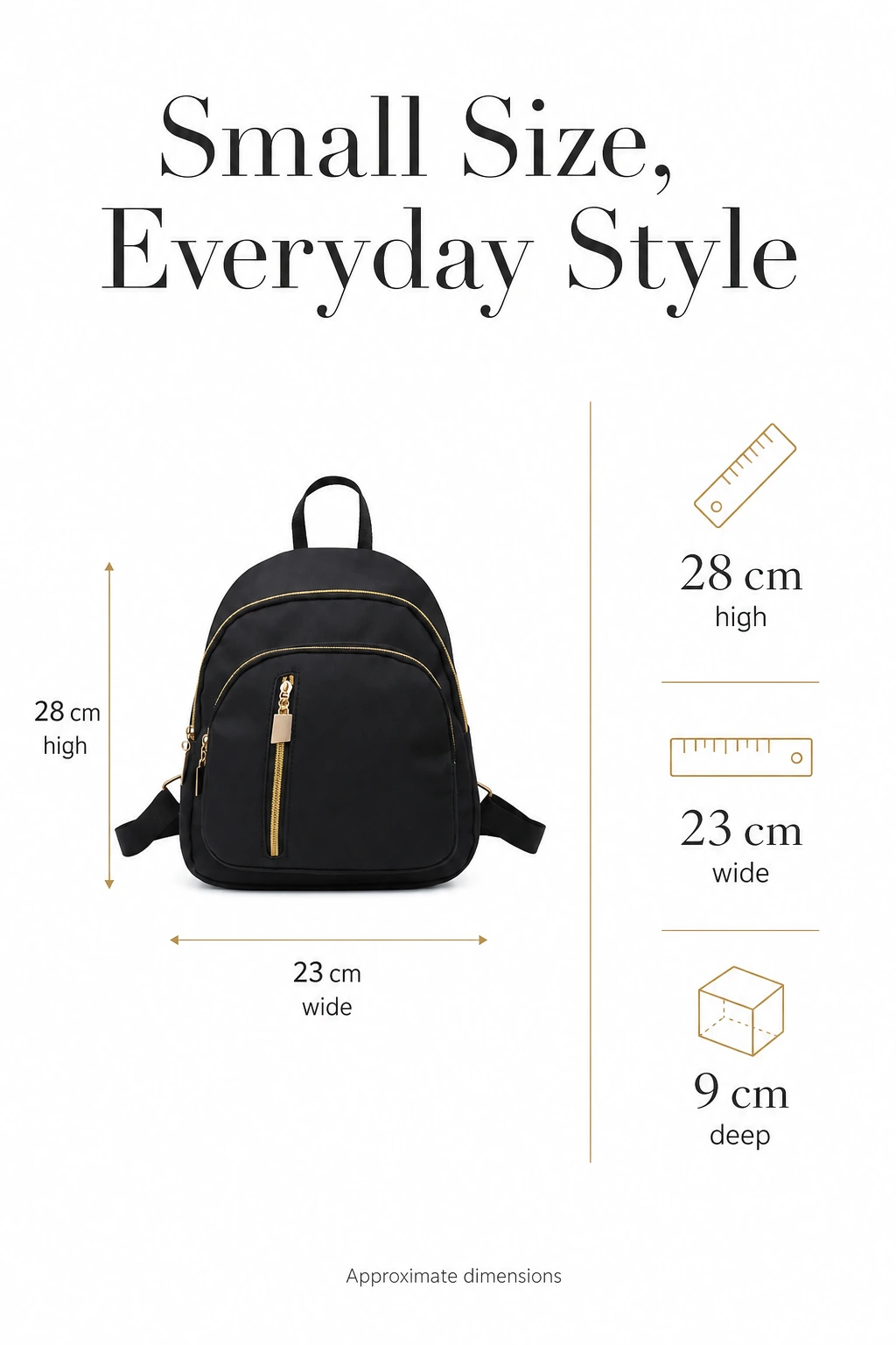 Black mini backpack with approximate width, height and depth
