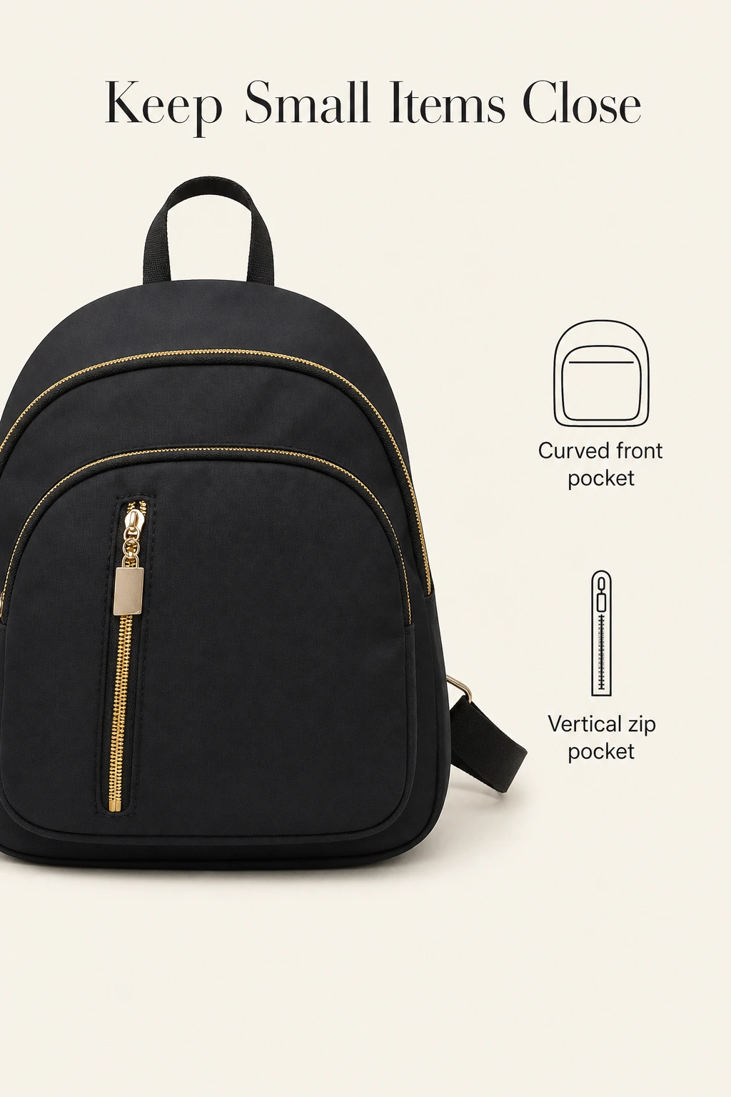 Curved and vertical zipper pockets on the black backpack