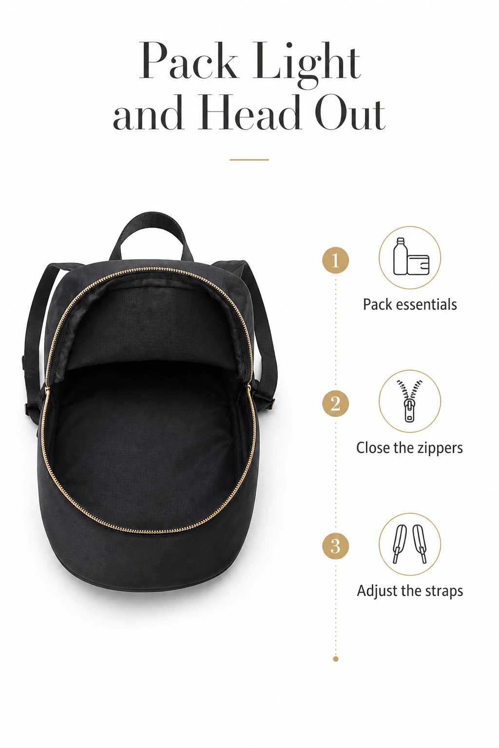 Three steps for packing and wearing the mini backpack