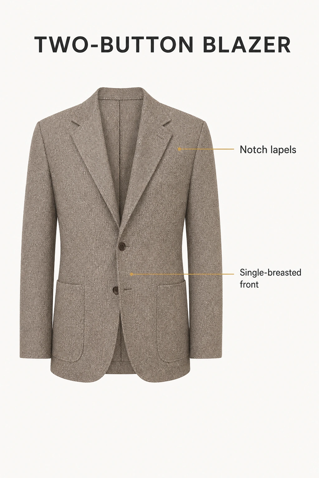 Khaki two-button blazer detail graphic with notched lapels and a single-breasted front.