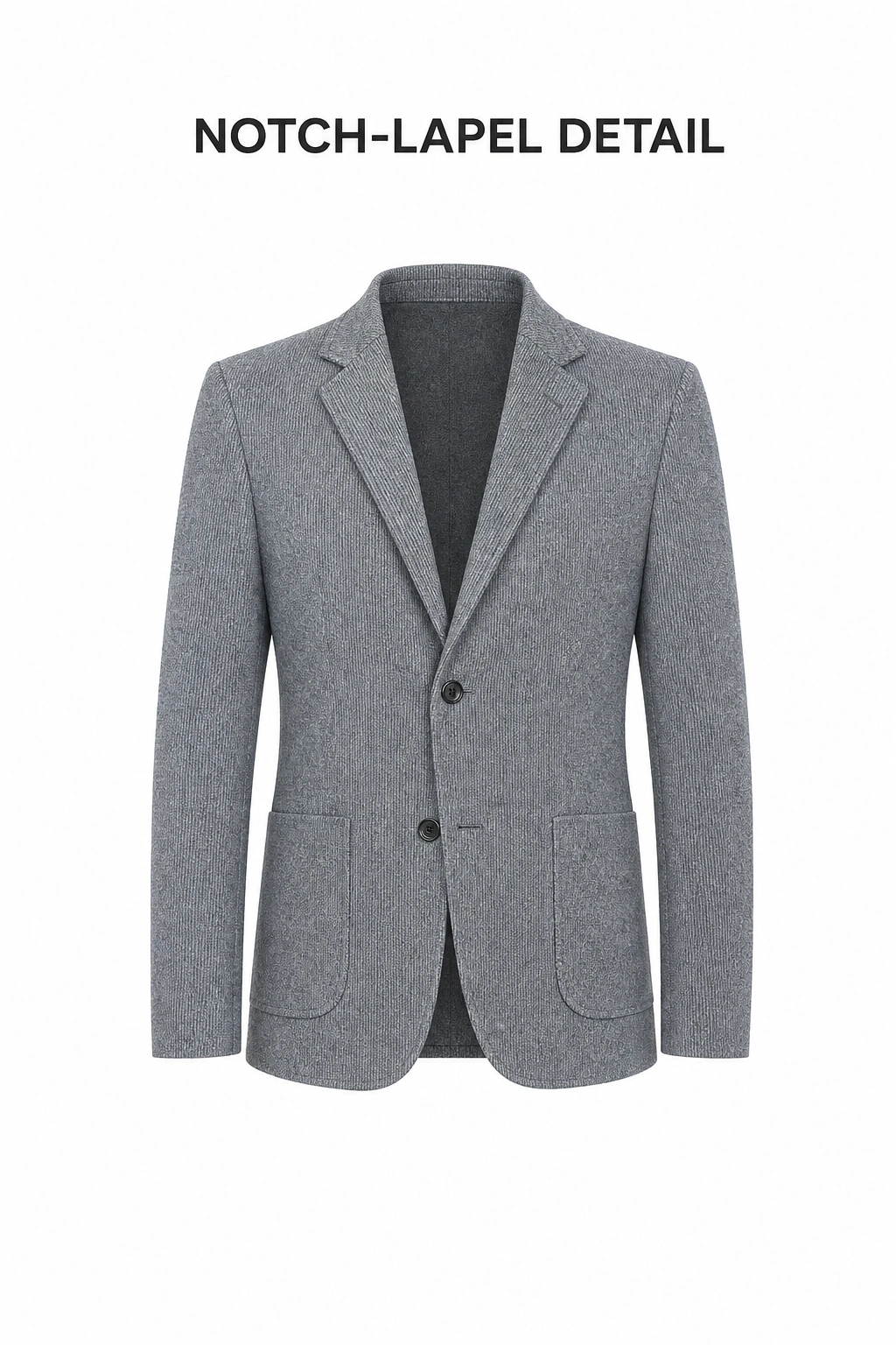 Close detail of the gray blazer’s neckline, notched lapels and visible fabric texture.