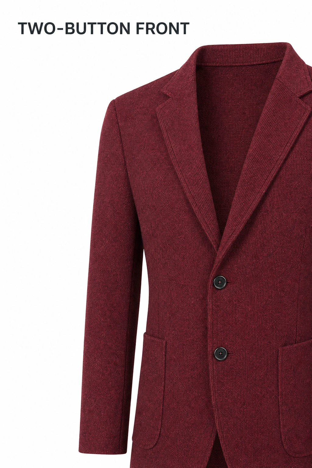 Burgundy blazer front detail showing its two dark buttons and notched lapels.
