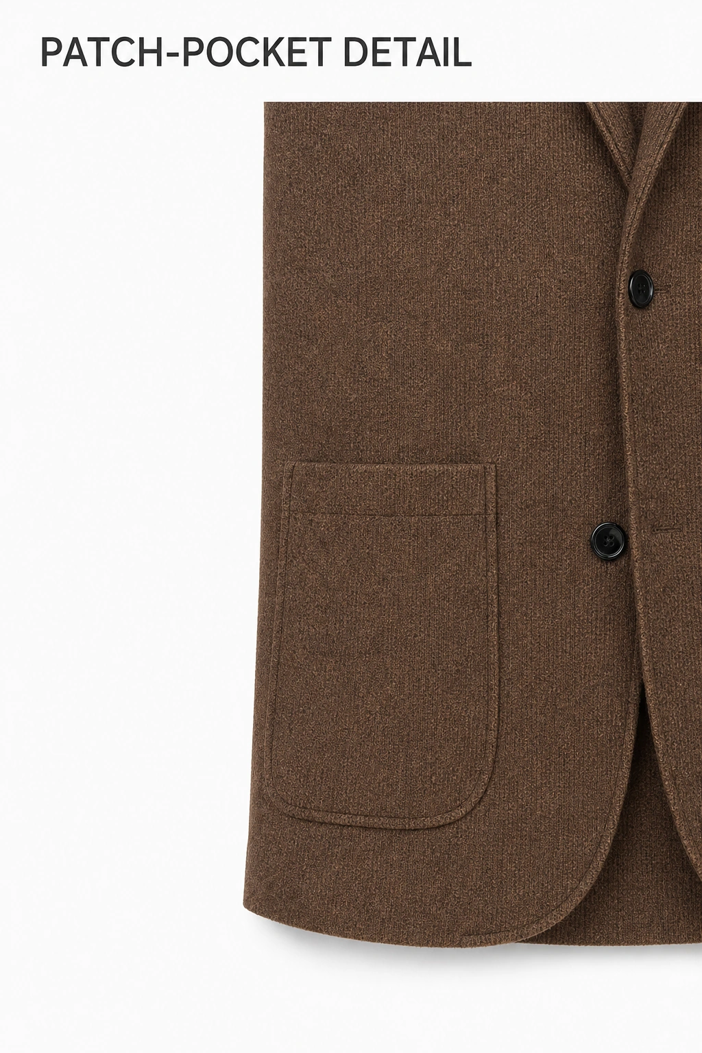 Brown blazer detail showing one lower patch pocket and the rounded hem.