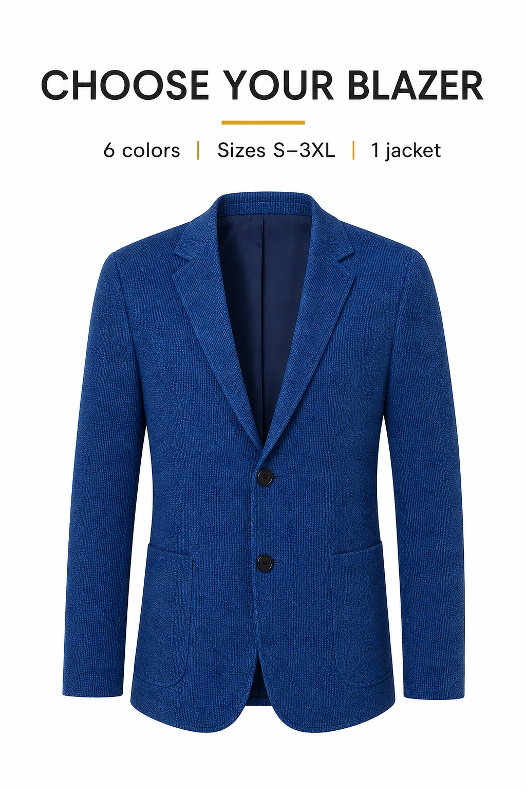 Blue two-button blazer graphic listing six color choices, sizes S–3XL and one jacket per selection.