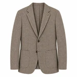 Front view of a khaki men’s blazer with notched lapels, two dark buttons and lower patch pockets on white.