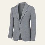 Three-quarter view of a gray fine-textured men’s blazer showing its notched lapels, full sleeves and lower patch pockets.