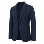 Three-quarter view of a navy men’s blazer with two front buttons, notched lapels and lower patch pockets.
