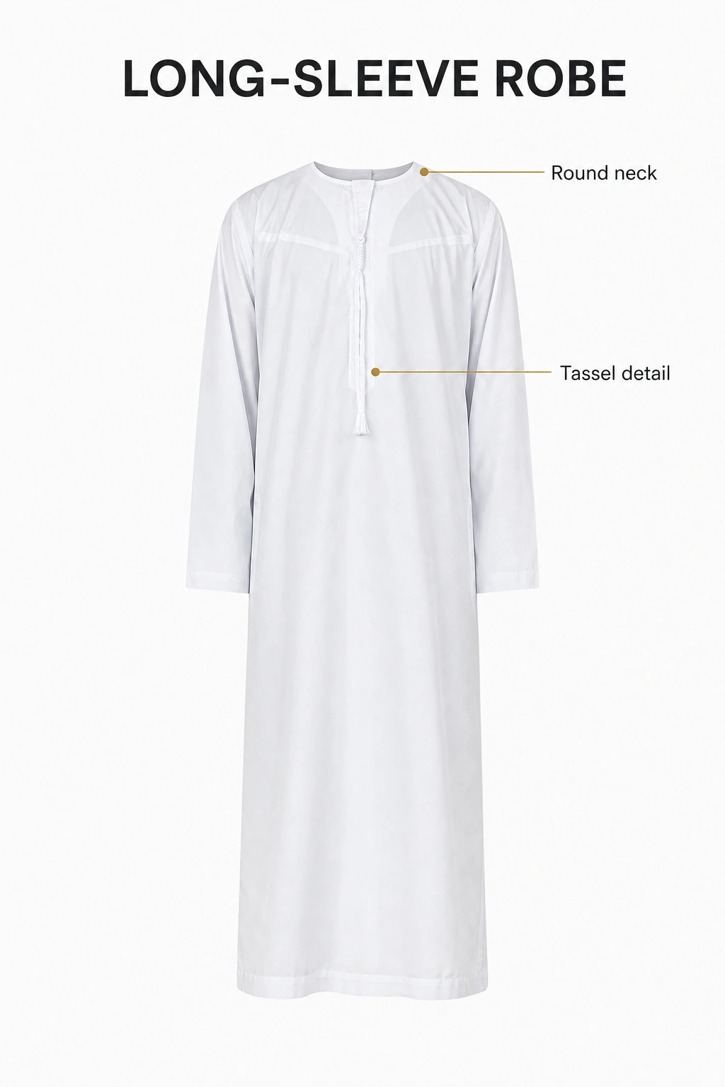 White robe graphic identifying the round neck and short front opening and tassel on a long-sleeve style.