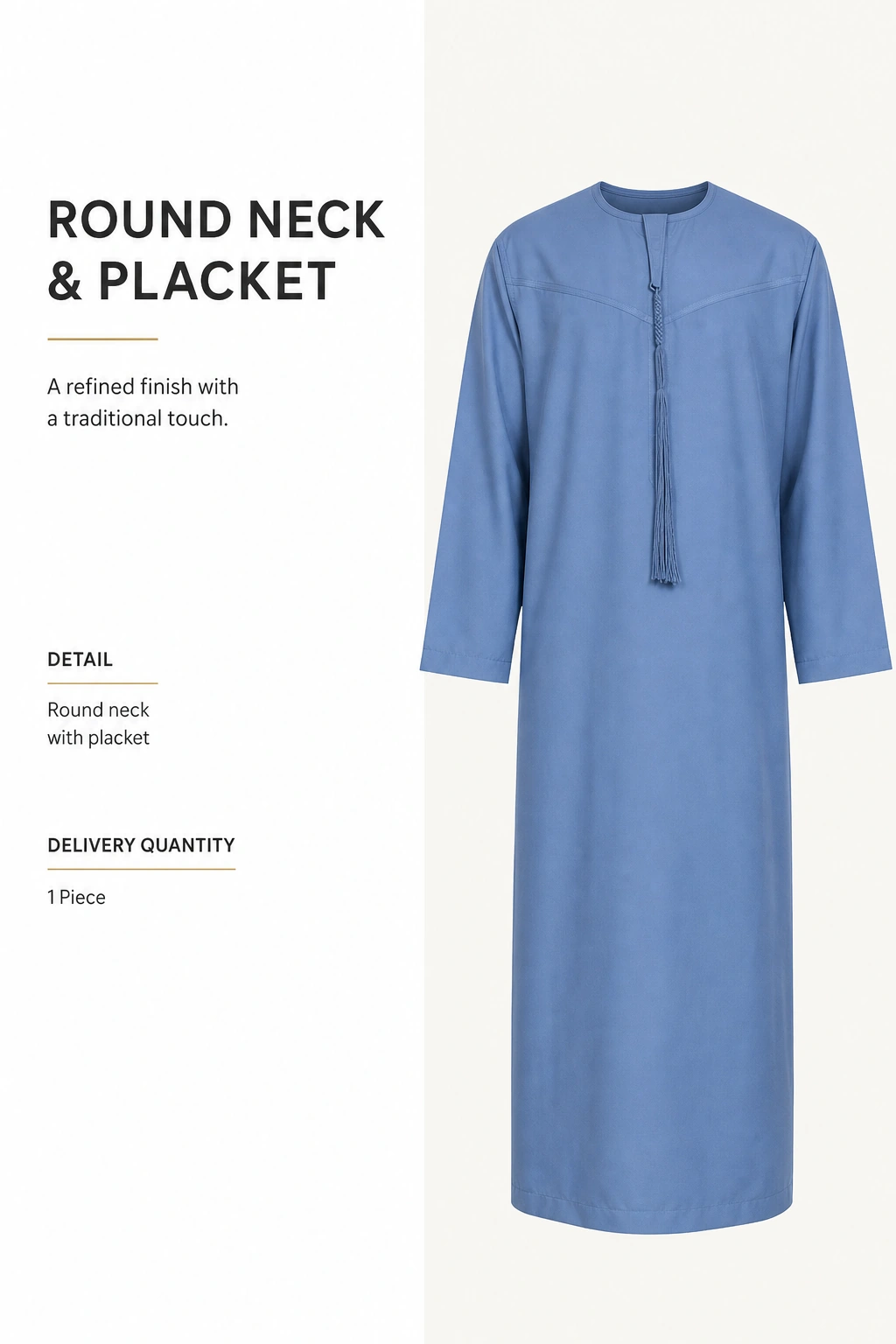 Close detail of the blue robe’s round neckline and short front opening and tassel.
