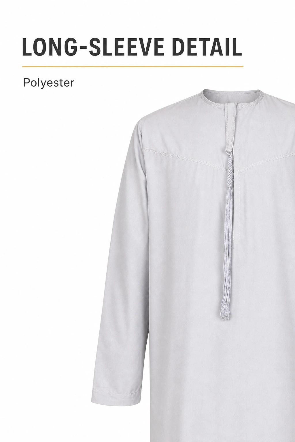 Light-gray long-sleeve robe detail with a visible sleeve seam and a polyester label.