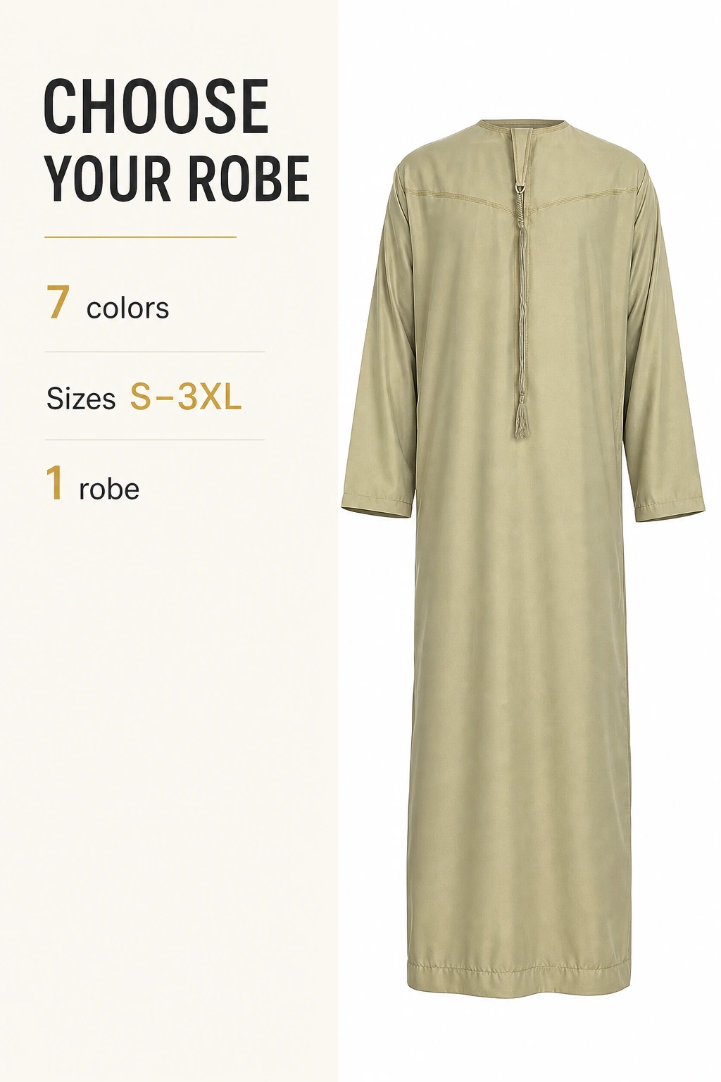 Olive robe graphic listing seven color choices, sizes S–3XL and one robe per selection.