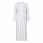 Front view of a white adult men’s robe with a round neck, short front opening and tassel and long sleeves.