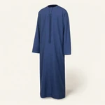 Three-quarter view of a navy men’s robe with a round neck, short front opening and tassel and long sleeves.
