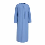 Three-quarter front view of a blue men’s robe showing its round neck, short front opening and full sleeves.