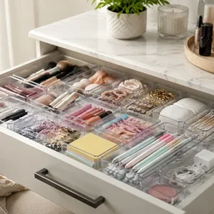Guida set organizer cassetti trasparenti per make-up, ufficio e bagno