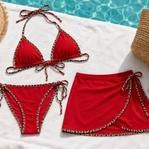 Guia de bikini de 3 piezas con ribete de leopardo para playa, piscina y resort