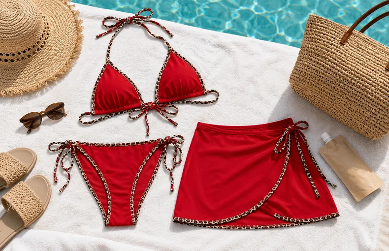 Ratgeber 3-teiliges Bikini Set mit Leopardenbesatz fuer Strandurlaub, Pooltage und Resort