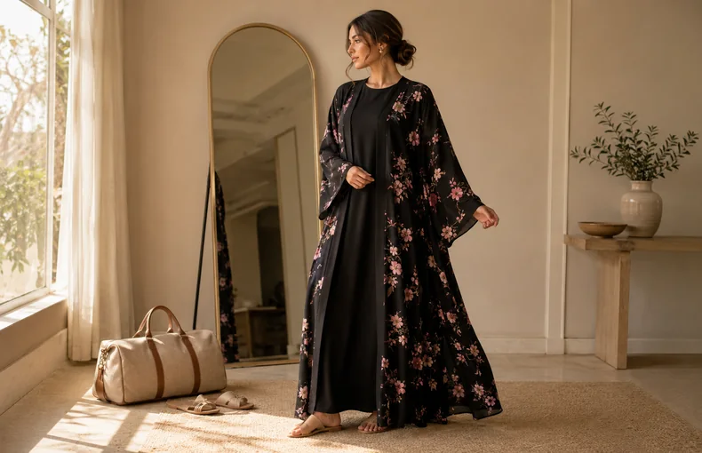 Guide robe abaya kimono ouverte pour superposition, voyage et réunions