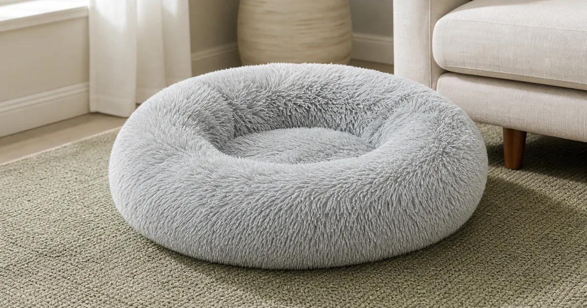 Cama redonda gris para mascotas con borde elevado junto a un sillón