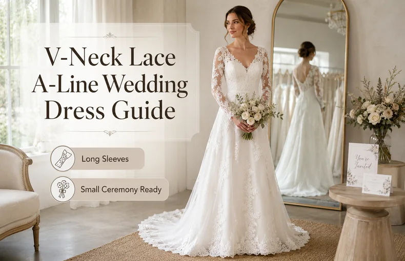 Guida abito da sposa in pizzo a linea A con scollo a V per rito civile e foto
