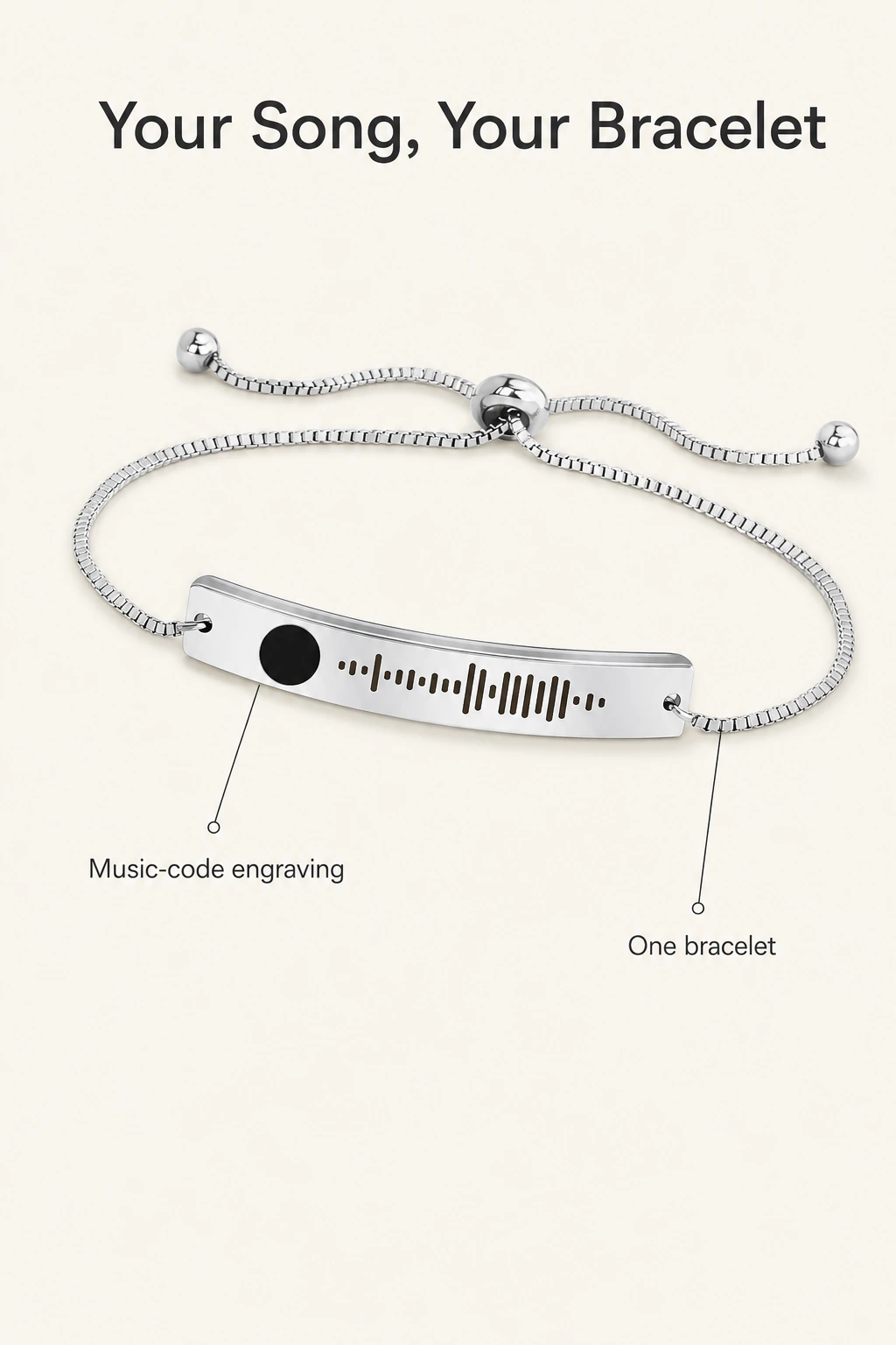 Silver bracelet detail with music-code engraving and one-bracelet labels