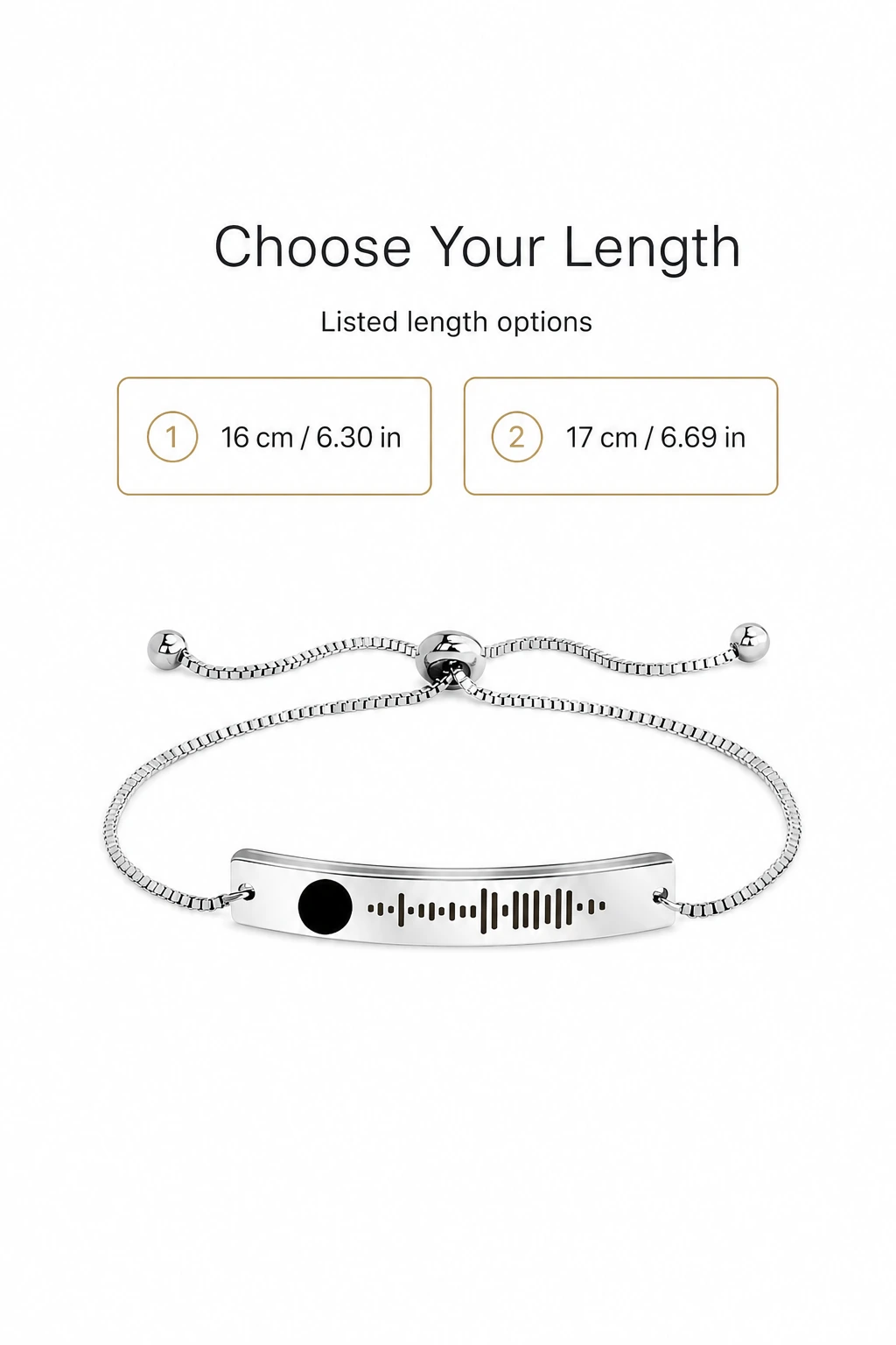 Bracelet length options of 16 cm and 17 cm with inch equivalents