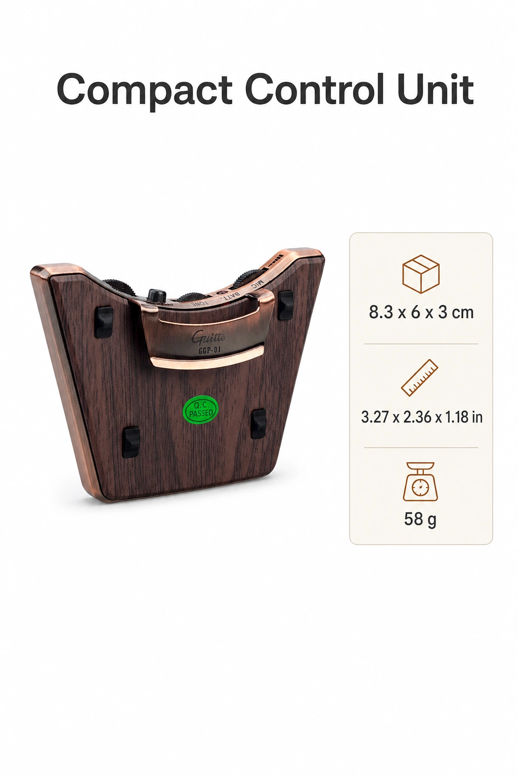 Unità GGP-01 con misure 8,3 per 6 per 3 cm e peso di 58 g.