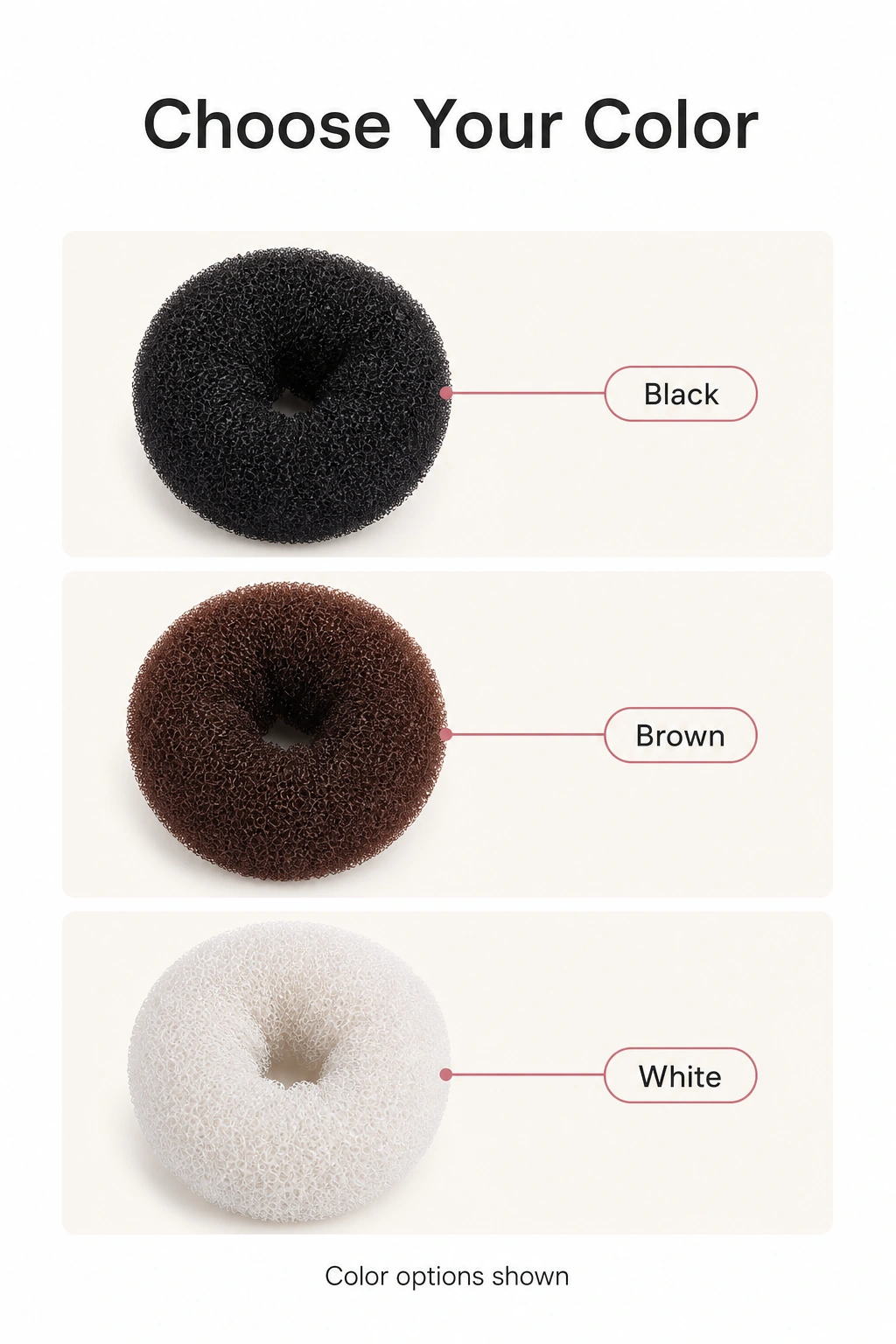 Donuts negros, marrones y blancos mostrados como opciones de color separadas.