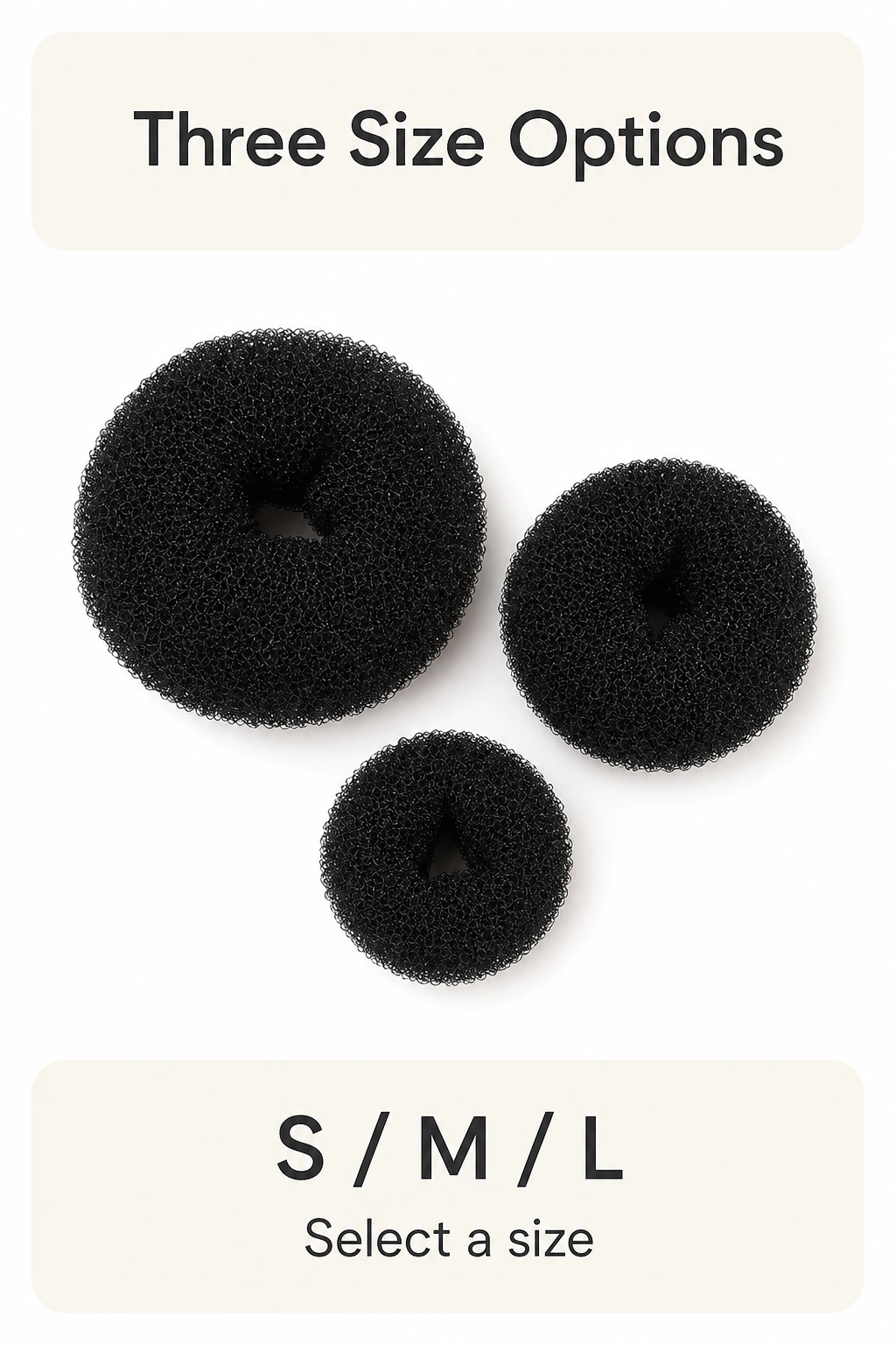 Tres aros negros que ilustran las tallas S, M y L.