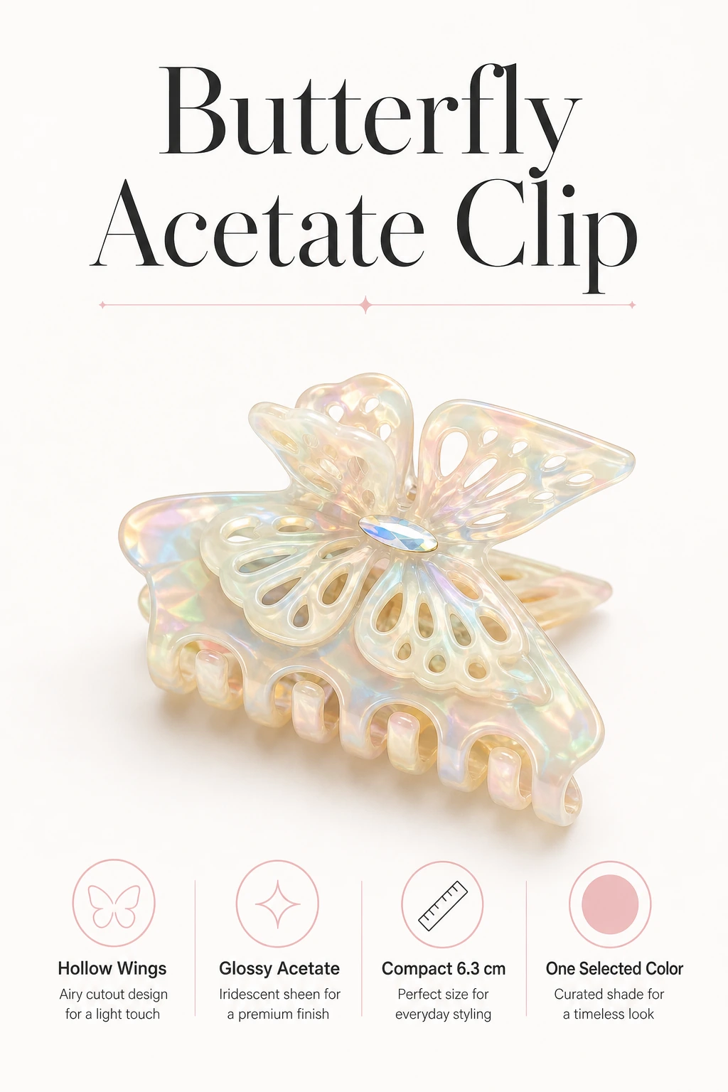 Butterfly acetate hair claw clip overview with hollow wing detail