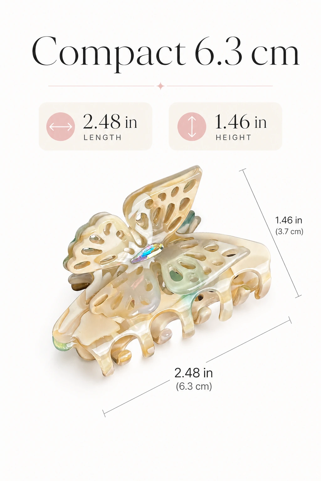 Compact 6.3 cm size guide for a butterfly hair claw clip
