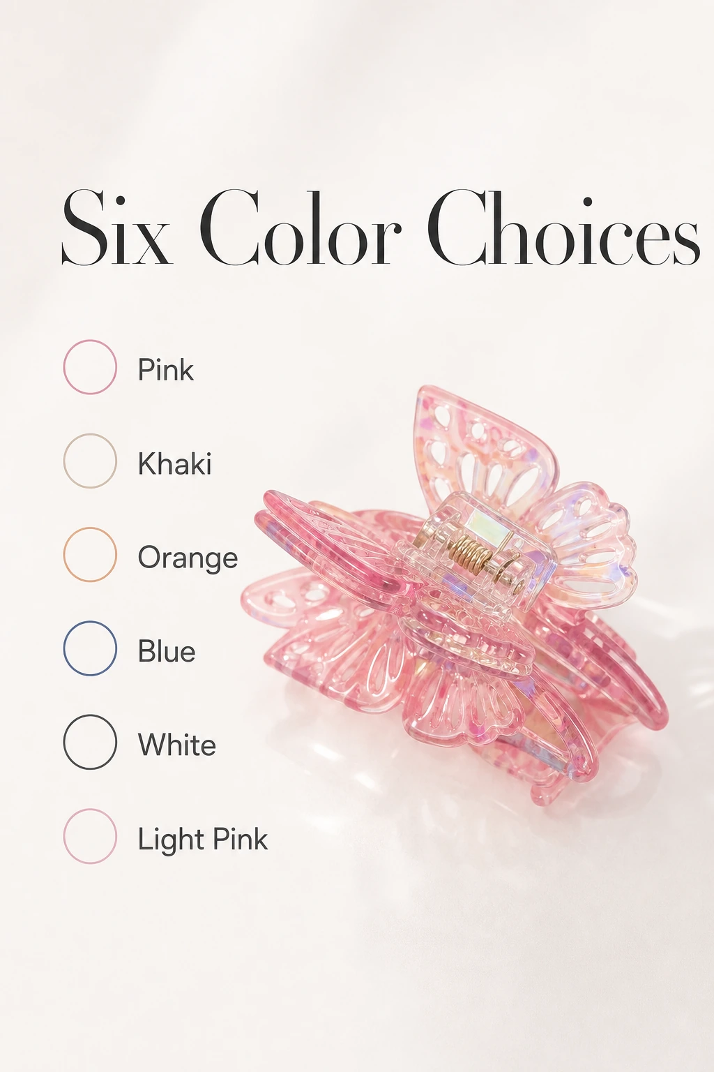Six available color names for the butterfly claw clip