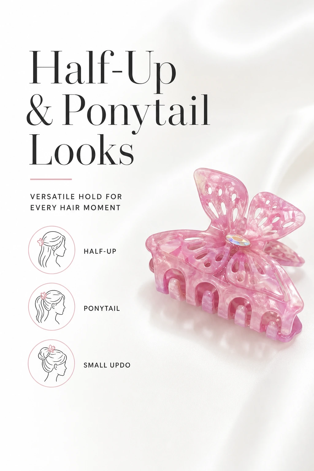 One selected-color butterfly claw clip for half-up hairstyles