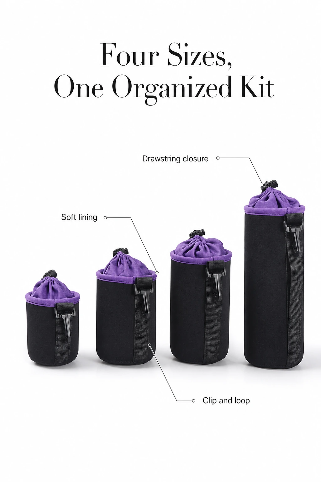 Four black lens pouches with purple collars and drawstring, lining and clip callouts