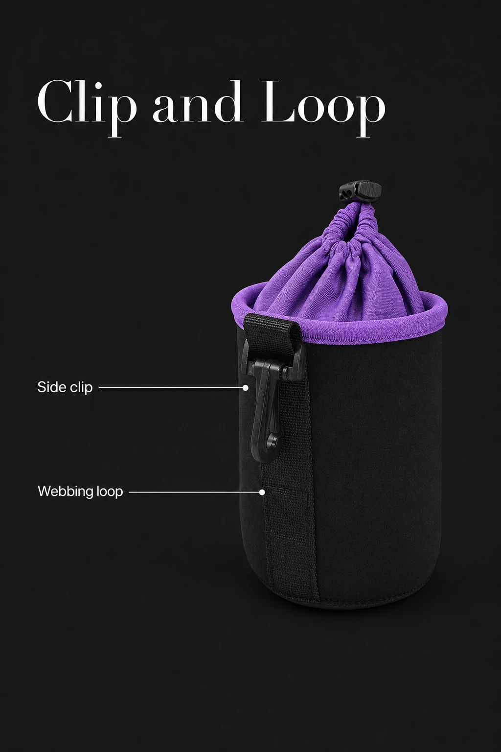 Side clip and stitched webbing loop on a black lens pouch