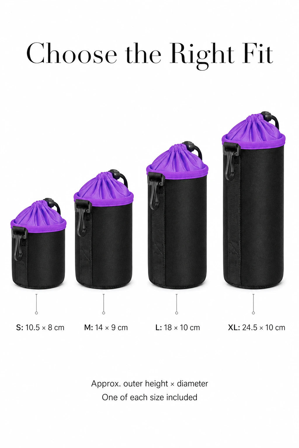 Four lens pouch sizes with approximate outer height and diameter measurements