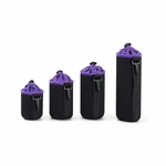 Four black lens pouches of increasing height with purple drawstring collars and side clips