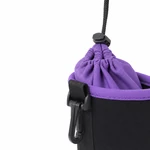 Close-up of a purple drawstring collar with a black cord lock, side clip and webbing loop