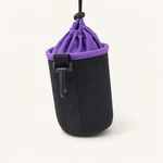 Single black lens pouch with a gathered purple collar, side clip and stitched webbing loop