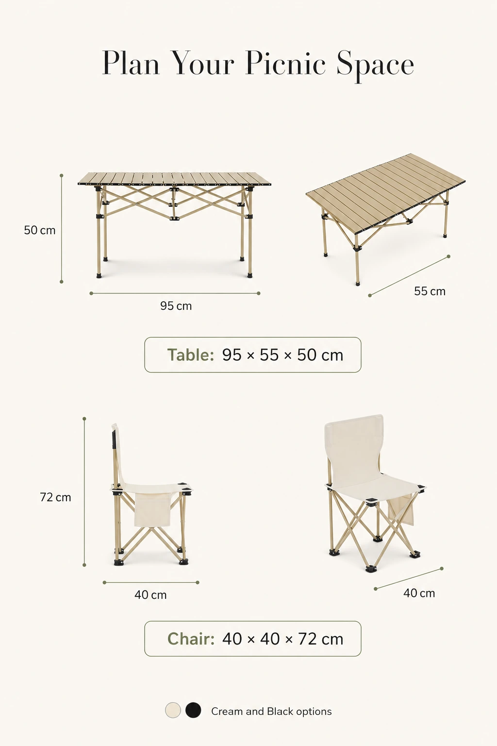 Maße von Campingtisch und Stuhl für die Varianten Creme und Black