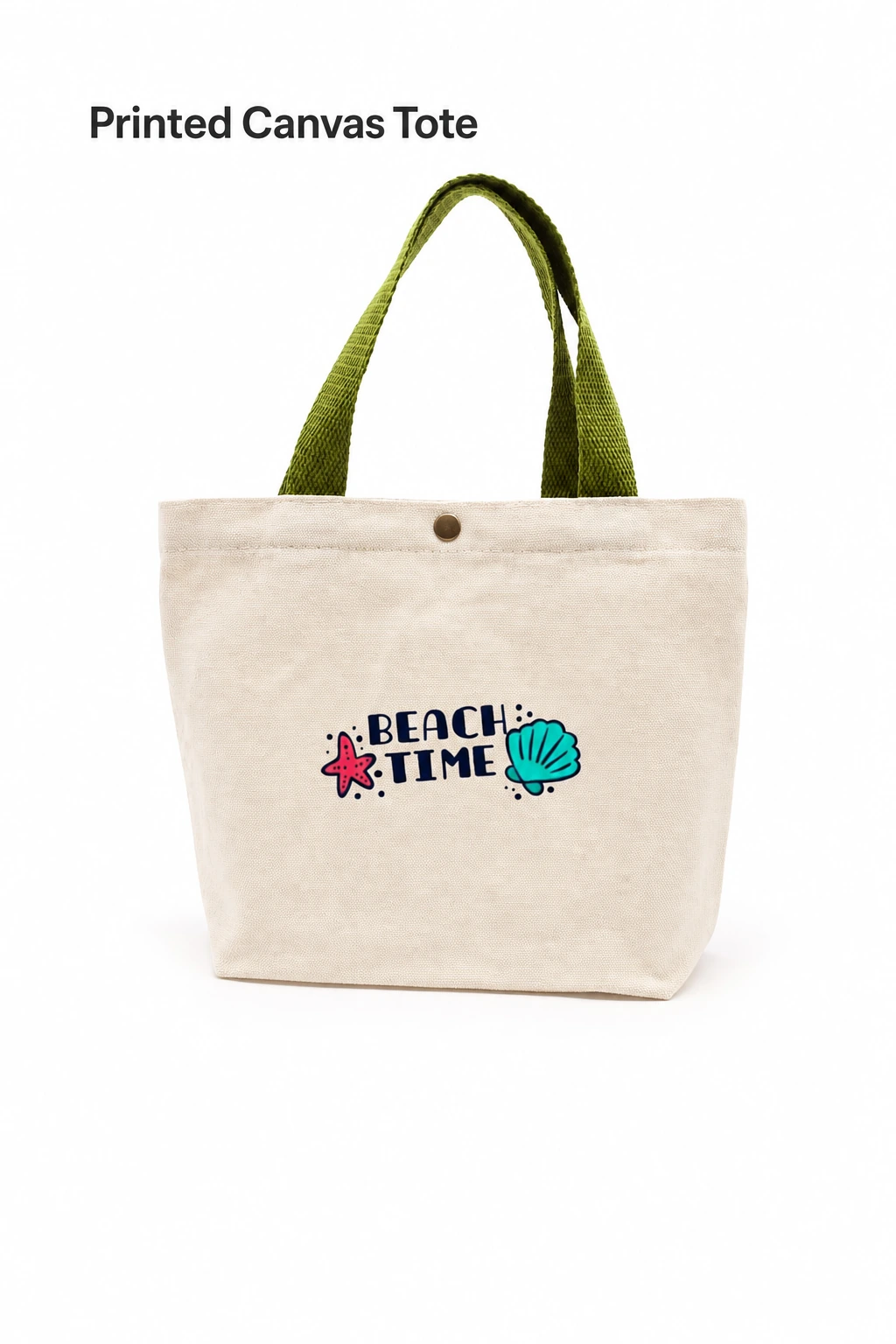 Green-handled shell-print bag with printed canvas front