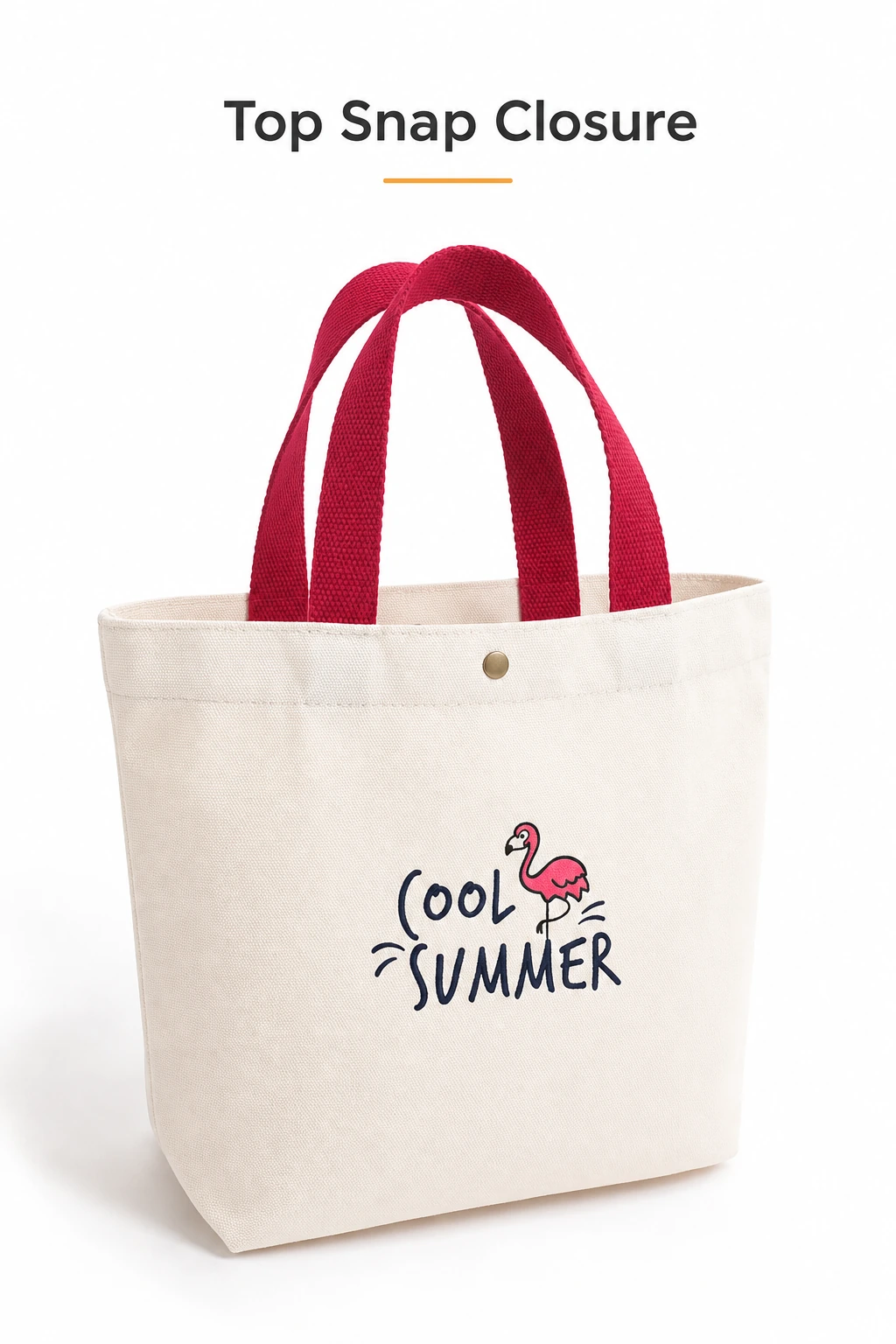 Red-handled flamingo canvas bag showing handles and top snap