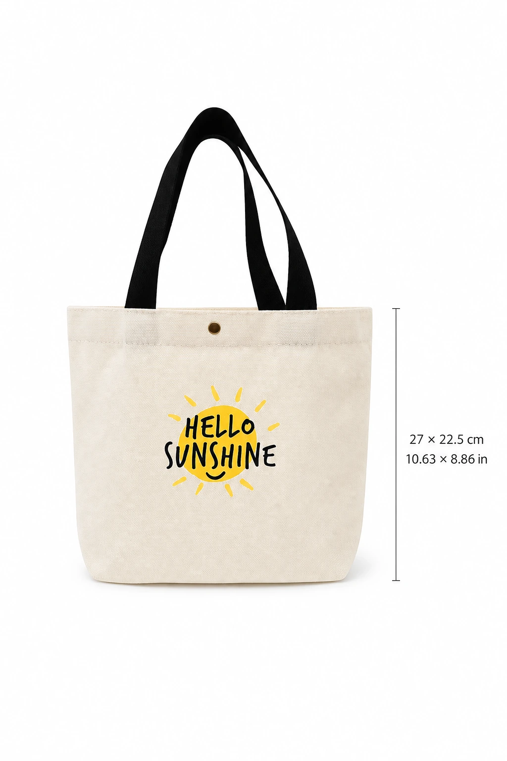 Black-handled sun-print tote beside listed 27 × 22.5 cm size