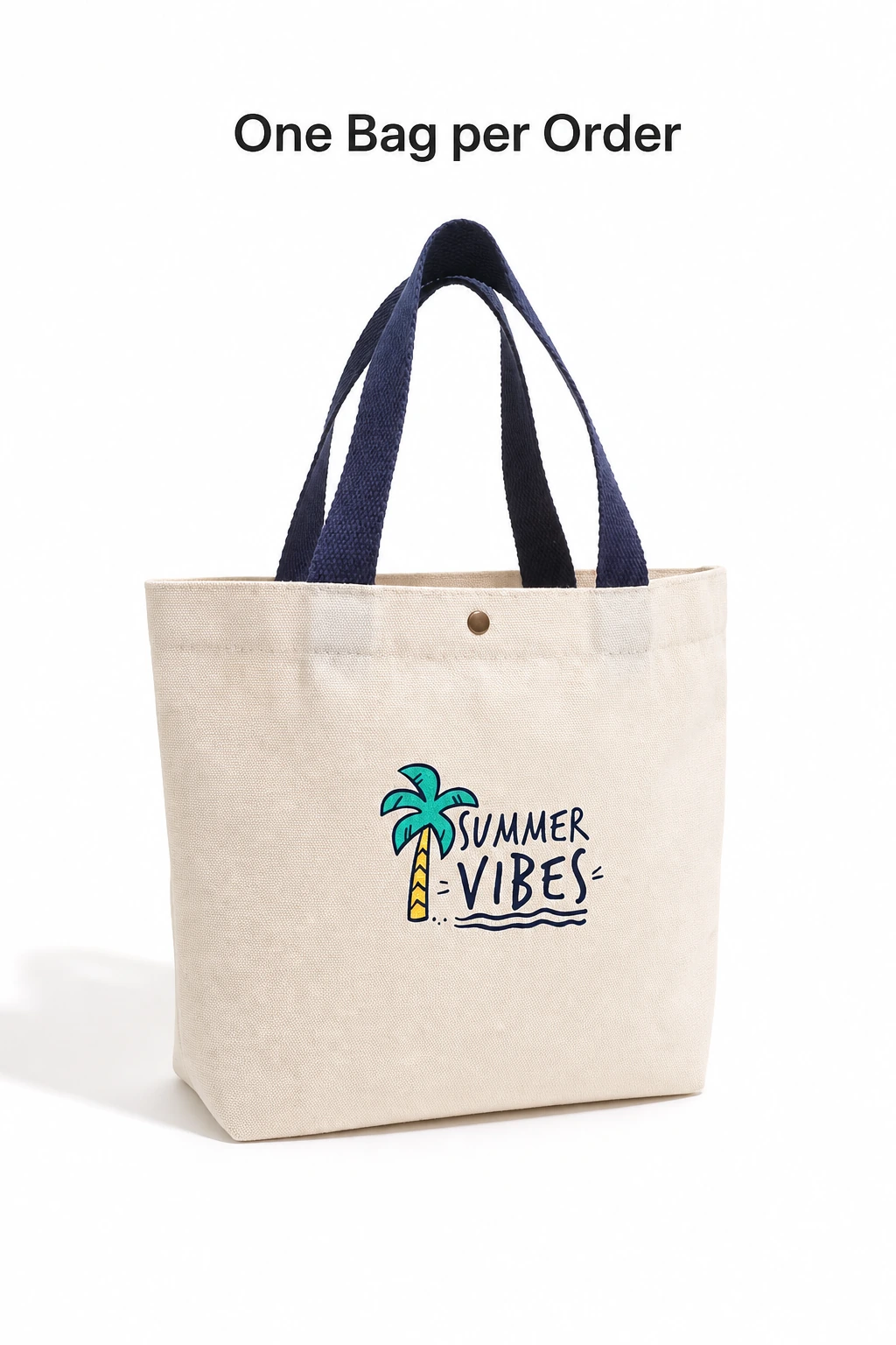 Single blue-handled palm-print tote on a neutral background