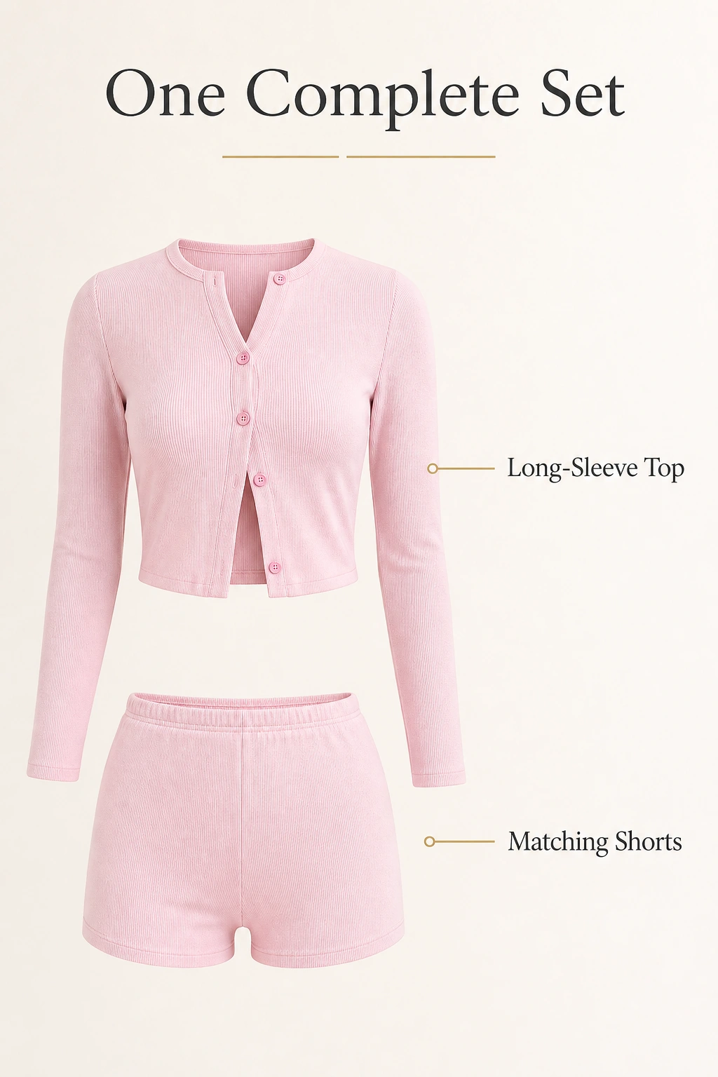 Graphic showing one complete pink set with a long-sleeve top and matching shorts